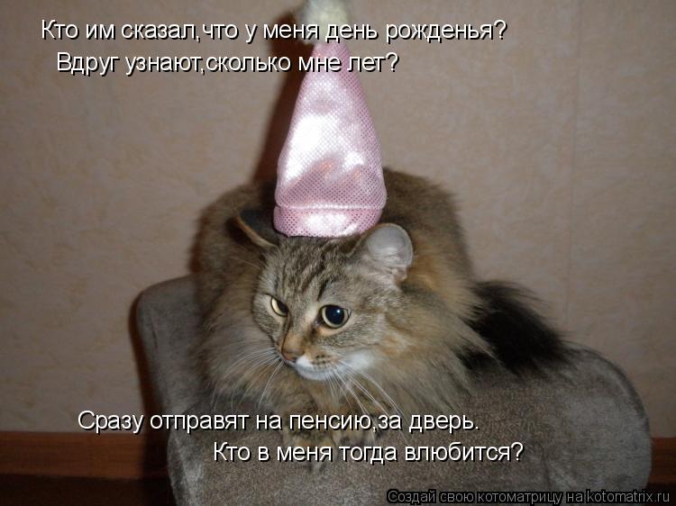 Кто им сказал,что у меня день рожденья? Вдруг узнают,сколько мне лет? Сразу отправят на пенсию,за две... Котоматрица: Кто им сказал,что у меня день рожденья? Вдруг узнают,сколько мне лет? Сразу отправят на пенсию,за дверь. Кто в меня тогда влюбится?