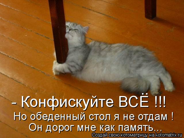 Котоматрица: - Конфискуйте ВСЕ !!! .. Но обеденный стол я не отдам ! Он дорог мне как память...