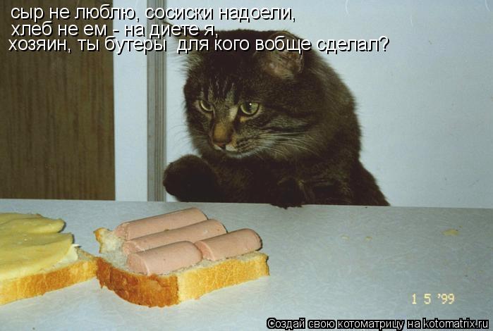 сыр не люблю, сосиски надоели, хлеб не ем - на диете я, хозяин, ты бутеры для кого вобще сделал?... Котоматрица: сыр не люблю, сосиски надоели, хлеб не ем - на диете я, хозяин, ты бутеры для кого вобще сделал?