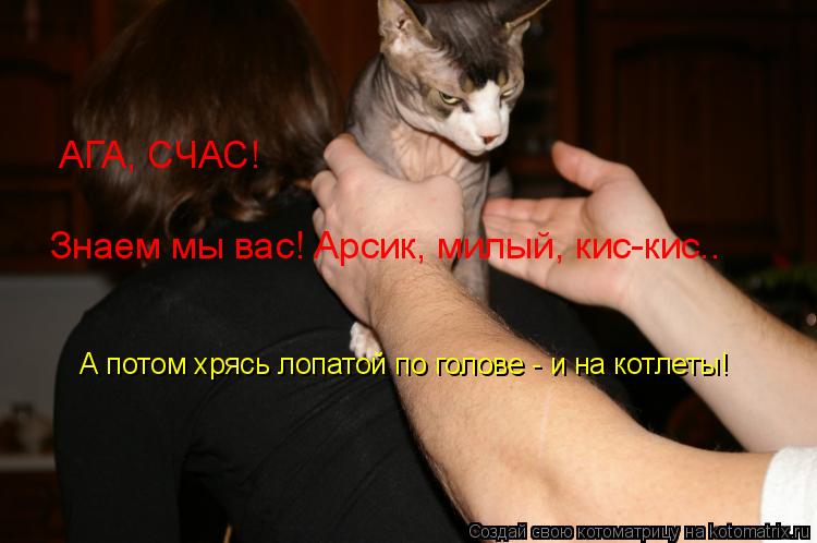 АГА, СЧАС! Знаем мы вас! Арсик, милый, кис-кис.. А потом хрясь лопатой по голове - и на котлеты!... Котоматрица: АГА, СЧАС! Знаем мы вас! Арсик, милый, кис-кис.. А потом хрясь лопатой по голове - и на котлеты!
