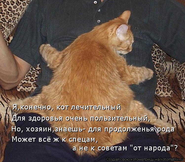Для здоровья очень пользительный, Но, хозяин,знаешь- для продолженья рода Может всё ж к спецам, а не... Котоматрица: Для здоровья очень пользительный, Но, хозяин,знаешь- для продолженья рода Может всё ж к спецам, а не к советам "от народа"? Я,конечно, кот лечи