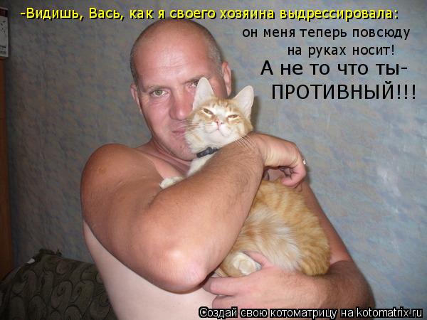 -Видишь, Вась, как я своего хозяина выдрессировала: он меня теперь повсюду на руках носит! А не то чт... Котоматрица: -Видишь, Вась, как я своего хозяина выдрессировала: он меня теперь повсюду на руках носит! А не то что ты- ПРОТИВНЫЙ!!!