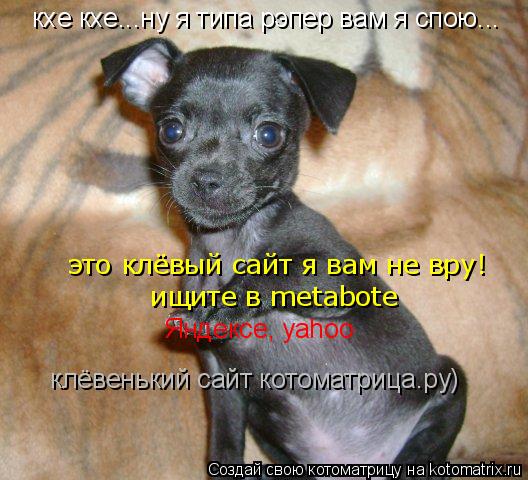 кхе кхе...ну я типа рэпер вам я спою... это клёвый сайт я вам не вру! ищите в metabote Яндексе, yah... Котоматрица: кхе кхе...ну я типа рэпер вам я спою... это клёвый сайт я вам не вру! ищите в metabote Яндексе, yahoo клёвенький сайт котоматрица.ру)
