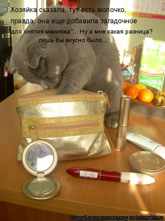 Хозяйка сказала, тут есть молочко, правда, она еще добавила загадочное "для снятия макияжа"... Ну а м... Котоматрица: Хозяйка сказала, тут есть молочко, правда, она еще добавила загадочное "для снятия макияжа"... Ну а мне какая разница? лишь бы вкусно было...
