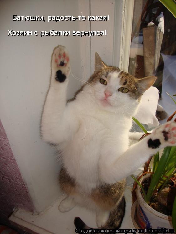 Котоматрица: Батюшки, радость-то какая!  Хозяин с рыбалки вернулся!