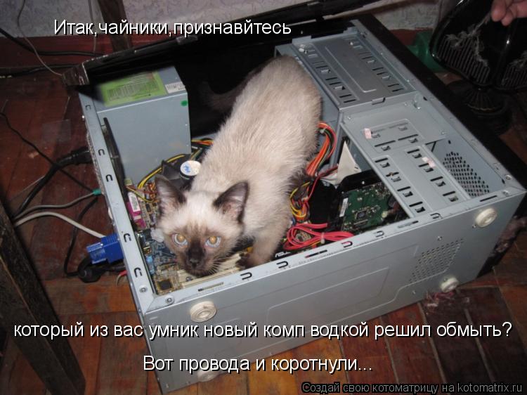 Итак,чайники,признавйтесь который из вас умник новый комп водкой решил обмыть? Вот провода и коротнул... Котоматрица: Итак,чайники,признавйтесь который из вас умник новый комп водкой решил обмыть? Вот провода и коротнули...