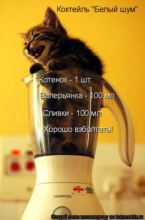 Коктейль "Белый шум" Котенок - 1 шт. Валерьянка - 100 мл. Сливки - 100 мл. Хорошо взболтать!... Котоматрица: Коктейль "Белый шум" Котенок - 1 шт. Валерьянка - 100 мл. Сливки - 100 мл. Хорошо взболтать!