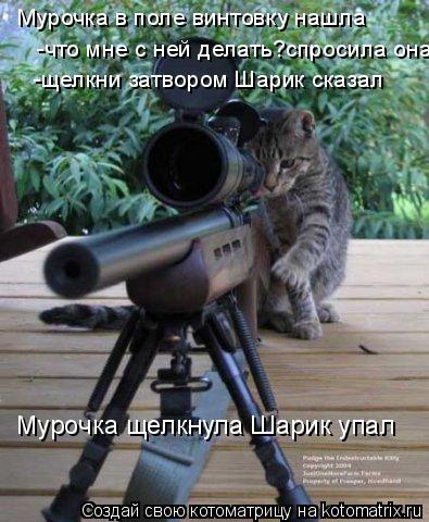 Мурочка в поле винтовку нашла -что мне с ней делать?спросила она -щелкни затвором Шарик сказал Мурочк... Котоматрица: Мурочка в поле винтовку нашла -что мне с ней делать?спросила она -щелкни затвором Шарик сказал Мурочка щелкнула Шарик упал