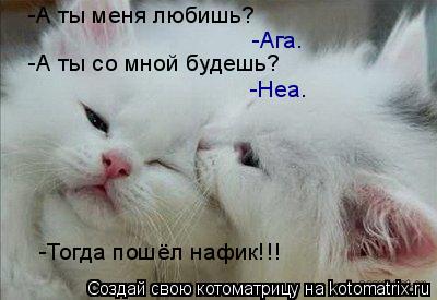 -А ты меня любишь? -Ага. -А ты со мной будешь? -Неа. -Тогда пошёл нафик!!!... Котоматрица: -А ты меня любишь? -Ага. -А ты со мной будешь? -Неа. -Тогда пошёл нафик!!!