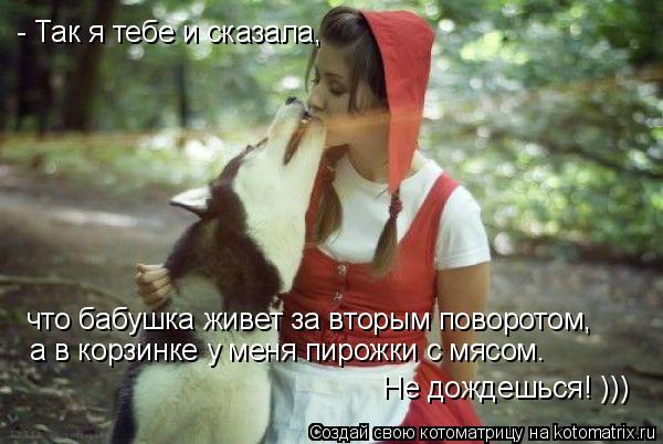 - Так я тебе и сказала, что бабушка живет за вторым поворотом, а в корзинке у меня пирожки с мясом. Н... Котоматрица: - Так я тебе и сказала, что бабушка живет за вторым поворотом, а в корзинке у меня пирожки с мясом. Не дождешься! )))