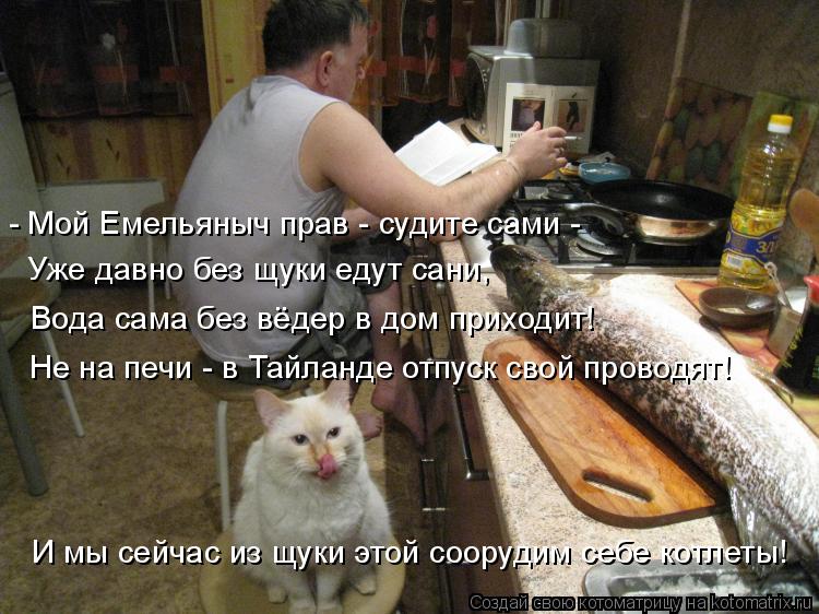 - Мой Емельяныч прав - судите сами - Уже давно без щуки едут сани, Вода сама без вёдер в дом приходит... Котоматрица: - Мой Емельяныч прав - судите сами - Уже давно без щуки едут сани, Вода сама без вёдер в дом приходит! Не на печи - в Тайланде отпуск свой провод