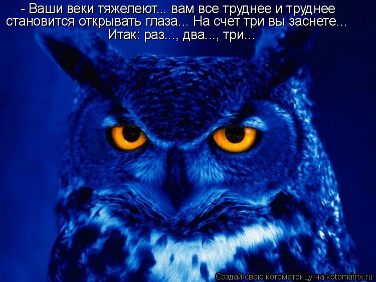 - Ваши веки тяжелеют... вам все труднее и труднее становится открывать глаза... На счет три вы засне... Котоматрица: - Ваши веки тяжелеют... вам все труднее и труднее становится открывать глаза... На счет три вы заснете... Итак: раз..., два..., три...