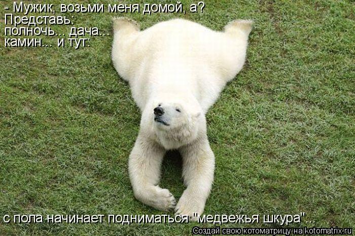 - Мужик, возьми меня домой, а? Представь: полночь... дача... камин... и тут: с пола начинает подни... Котоматрица: - Мужик, возьми меня домой, а? Представь: полночь... дача... камин... и тут: с пола начинает подниматься "медвежья шкура"...