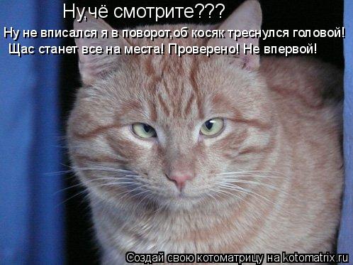 Ну,чё смотрите??? Ну не вписался я в поворот,об косяк треснулся головой! Щас станет все на места! Про... Котоматрица: Ну,чё смотрите??? Ну не вписался я в поворот,об косяк треснулся головой! Щас станет все на места! Проверено! Не впервой!