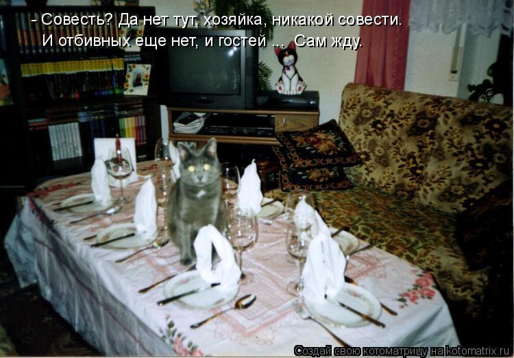 Котоматрица: - Совесть? Да нет тут, хозяйка, никакой совести. И отбивных еще нет, и гостей ...  Сам жду.
