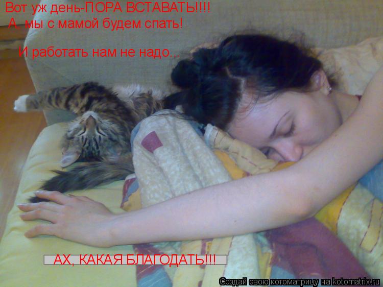 Вот уж день-ПОРА ВСТАВАТЬ!!!! А, мы с мамой будем спать! И работать нам не надо... АХ, КАКАЯ БЛАГОДАТ... Котоматрица: Вот уж день-ПОРА ВСТАВАТЬ!!!! А, мы с мамой будем спать! И работать нам не надо... АХ, КАКАЯ БЛАГОДАТЬ!!!
