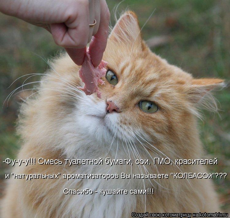 -Фу-у-у!!! Смесь туалетной бумаги, сои, ГМО, красителей и "натуральных" ароматизаторов Вы называете ... Котоматрица: -Фу-у-у!!! Смесь туалетной бумаги, сои, ГМО, красителей и "натуральных" ароматизаторов Вы называете "КОЛБАСОй"??? Спасибо - кушайте сами!!!