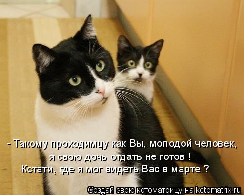 - Такому проходимцу как Вы, молодой человек, я свою дочь отдать не готов ! Кстати, где я мог видеть В... Котоматрица: - Такому проходимцу как Вы, молодой человек, я свою дочь отдать не готов ! Кстати, где я мог видеть Вас в марте ?