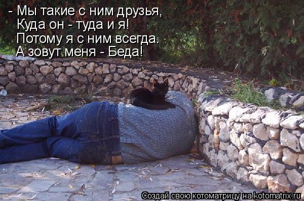 - Мы такие с ним друзья, Куда он - туда и я! Потому я с ним всегда. А зовут меня - Беда!... Котоматрица: - Мы такие с ним друзья, Куда он - туда и я! Потому я с ним всегда. А зовут меня - Беда!