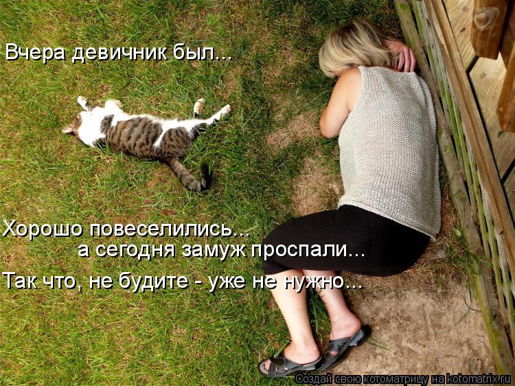 Вчера девичник был... Хорошо повеселились... а сегодня замуж проспали... Так что, не будите - уже не ... Котоматрица: Вчера девичник был... Хорошо повеселились... а сегодня замуж проспали... Так что, не будите - уже не нужно...