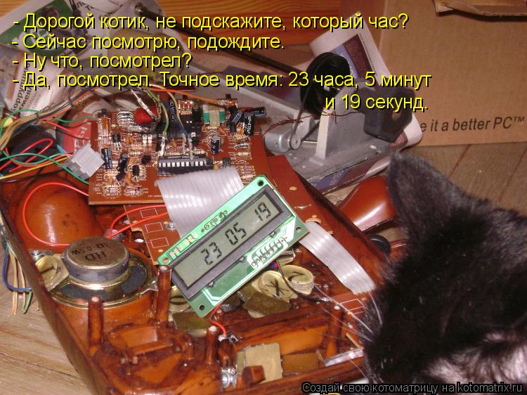 - Дорогой котик, не подскажите, который час? - Сейчас посмотрю, подождите. - Ну что, посмотрел? - Да,... Котоматрица: - Дорогой котик, не подскажите, который час? - Сейчас посмотрю, подождите. - Ну что, посмотрел? - Да, посмотрел. Точное время: 23 часа, 5 минут и 19 с