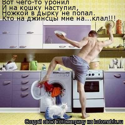 Котоматрица: Вот чего-то уронил И на кошку наступил, Ножкой в дырку не попал. Кто на джинсцы мне на...клал!!!