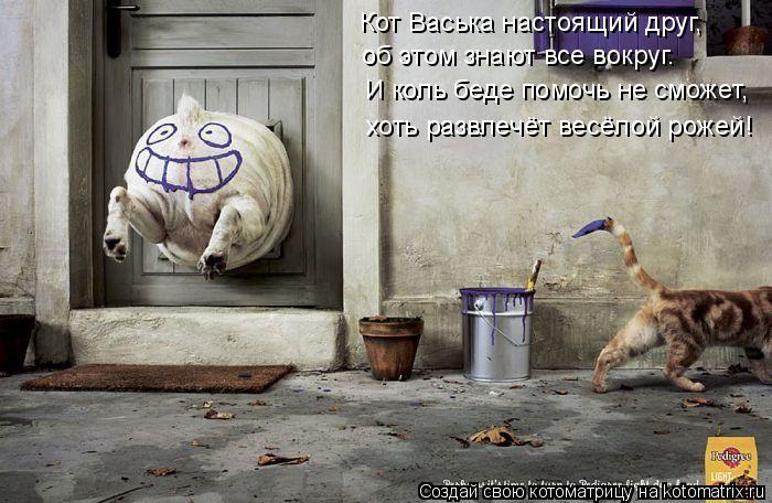 И коль беде помочь не сможет, хоть развлечёт весёлой рожей! Кот Васька настоящий друг, об этом знаю... Котоматрица: И коль беде помочь не сможет, хоть развлечёт весёлой рожей! Кот Васька настоящий друг, об этом знают все вокруг.