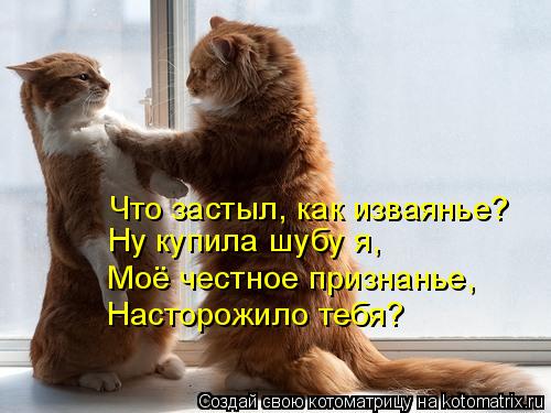 Что застыл, как изваянье? Ну купила шубу я, Моё честное признанье, Насторожило тебя?... Котоматрица: Что застыл, как изваянье? Ну купила шубу я, Моё честное признанье, Насторожило тебя?