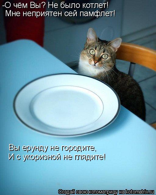 -О чём Вы? Не было котлет! Мне неприятен сей памфлет! Вы ерунду не городите, И с укоризной не глядите... Котоматрица: -О чём Вы? Не было котлет! Мне неприятен сей памфлет! Вы ерунду не городите, И с укоризной не глядите!