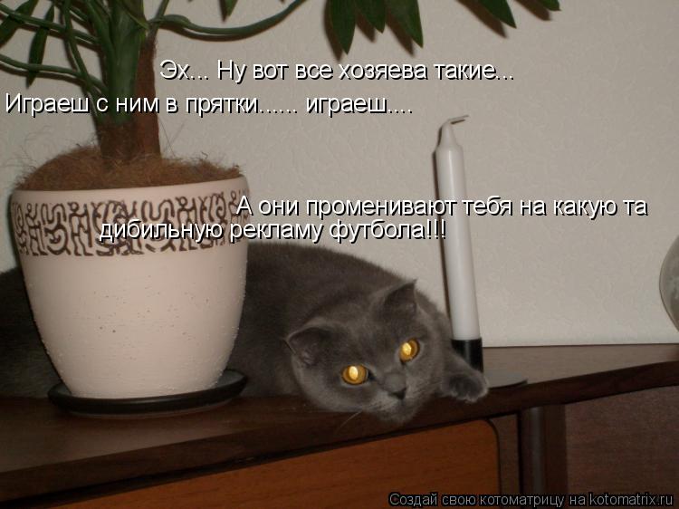 Эх... Ну вот все хозяева такие... Играеш с ним в прятки...... играеш.... А они променивают тебя на ка... Котоматрица: Эх... Ну вот все хозяева такие... Играеш с ним в прятки...... играеш.... А они променивают тебя на какую та дибильную рекламу футбола!!!