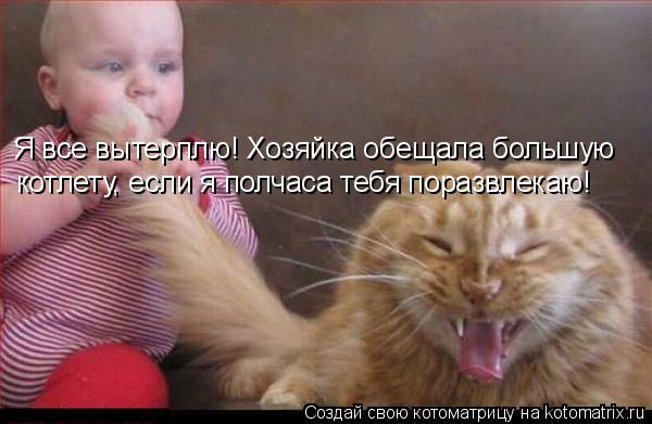 Котоматрица: Я все вытерплю! Хозяйка обещала большую  котлету, если я полчаса тебя поразвлекаю!