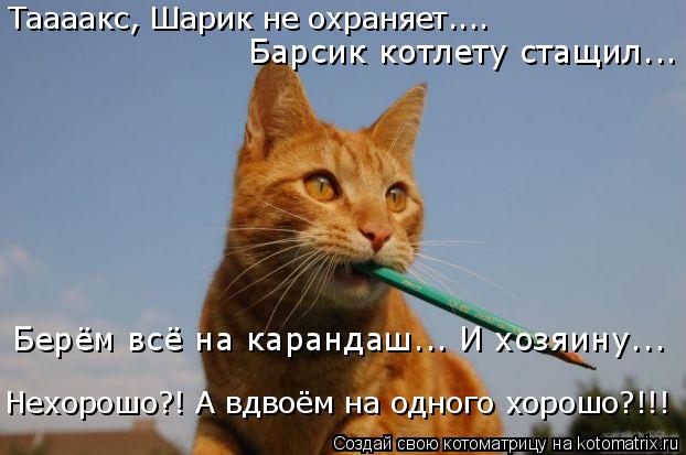 Таааакс, Шарик не охраняет.... Барсик котлету стащил... Берём всё на карандаш... И хозяину... Нехорош... Котоматрица: Таааакс, Шарик не охраняет.... Барсик котлету стащил... Берём всё на карандаш... И хозяину... Нехорошо?! А вдвоём на одного хорошо?!!!
