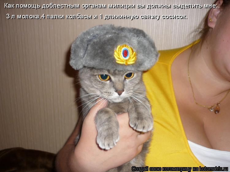 Как помощь доблестным органам милиции вы должны выделить мне: 3 л молока,4 палки колбасы и 1 длииинну... Котоматрица: Как помощь доблестным органам милиции вы должны выделить мне: 3 л молока,4 палки колбасы и 1 длииинную связку сосисок.