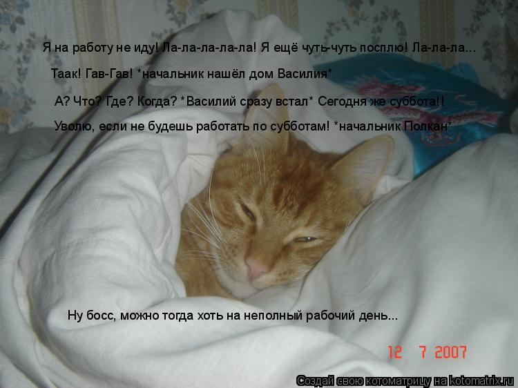 Я на работу не иду! Ла-ла-ла-ла-ла! Я ещё чуть-чуть посплю! Ла-ла-ла... Таак! Гав-Гав! *начальник наш... Котоматрица: Я на работу не иду! Ла-ла-ла-ла-ла! Я ещё чуть-чуть посплю! Ла-ла-ла... Таак! Гав-Гав! *начальник нашёл дом Василия* А? Что? Где? Когда? *Василий сраз