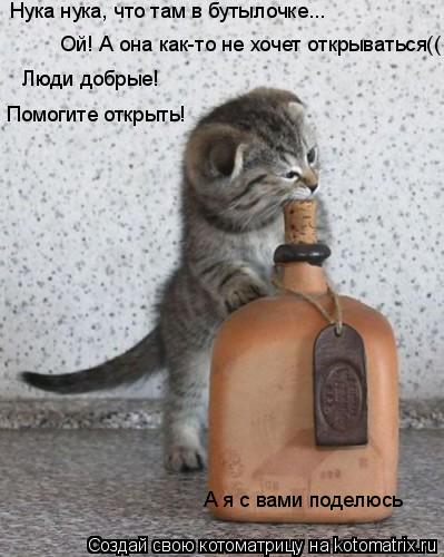 Нука нука, что там в бутылочке... Ой! А она как-то не хочет открываться(( Люди добрые! Помогите откр... Котоматрица: Нука нука, что там в бутылочке... Ой! А она как-то не хочет открываться(( Люди добрые! Помогите открыть! А я с вами поделюсь