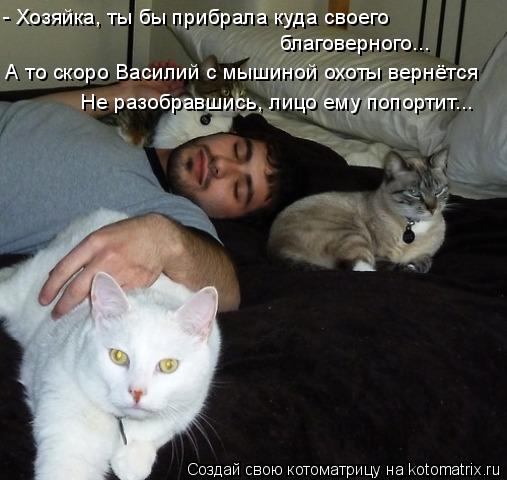 - Хозяйка, ты бы прибрала куда своего благоверного... А то скоро Василий с мышиной охоты вернётся Не ... Котоматрица: - Хозяйка, ты бы прибрала куда своего благоверного... А то скоро Василий с мышиной охоты вернётся Не разобравшись, лицо ему попортит...