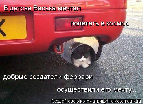 Котоматрица: В детсве Васька мечтал  полететь в космос... осуществили его мечту... добрые соэдатели феррари добрые создатели феррари