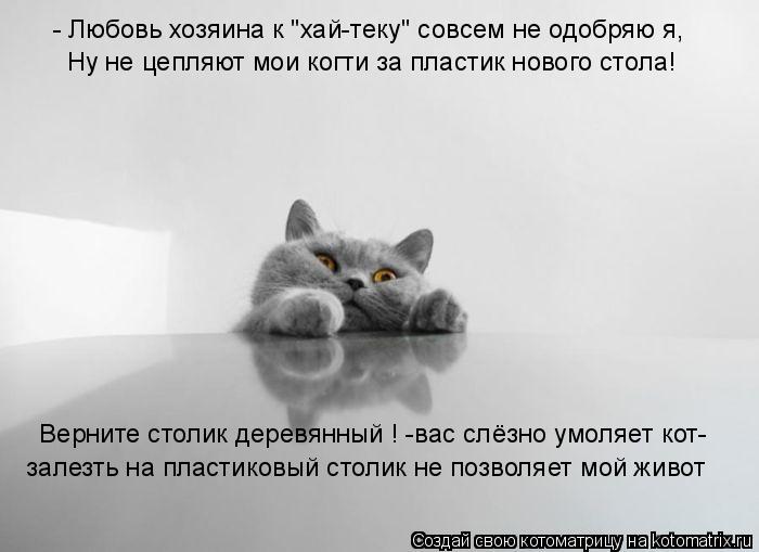 - Любовь хозяина к "хай-теку" совсем не одобряю я, Ну не цепляют мои когти за пластик нового стола! «... Котоматрица: - Любовь хозяина к "хай-теку" совсем не одобряю я, Ну не цепляют мои когти за пластик нового стола! «Верните столик деревянный !»-вас слёзно ум