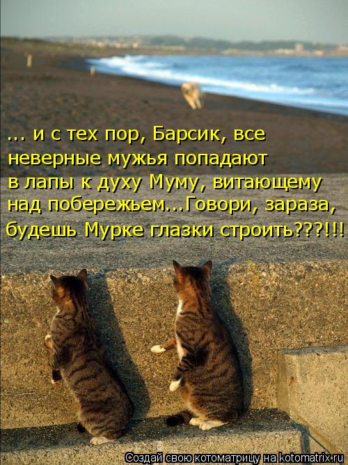 неверные мужья попадают ... и с тех пор, Барсик, все в лапы к духу Муму, витающему над побережьем..... Котоматрица: неверные мужья попадают ... и с тех пор, Барсик, все в лапы к духу Муму, витающему над побережьем...Говори, зараза, будешь Мурке глазки строить