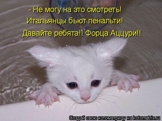 - Не могу на это смотреть! Итальянцы бьют пенальти! Давайте ребята!! Форца Аццури!!... Котоматрица: - Не могу на это смотреть! Итальянцы бьют пенальти! Давайте ребята!! Форца Аццури!!