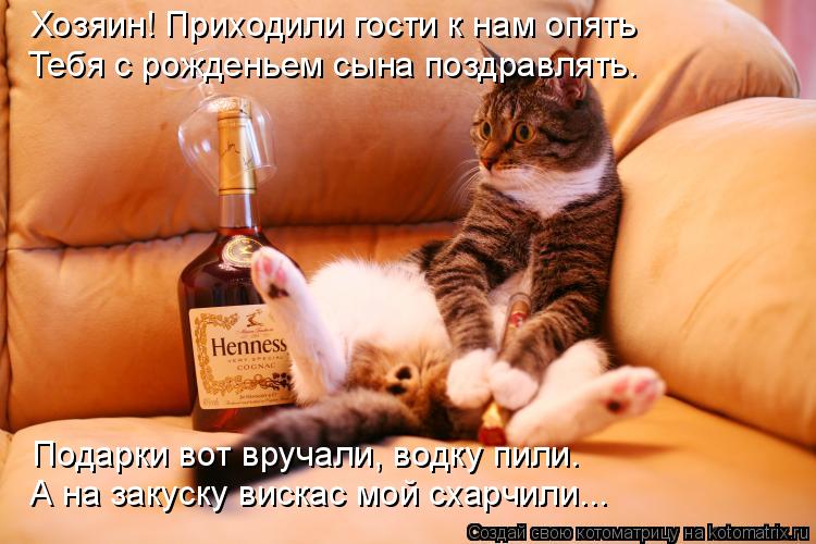 Хозяин! Приходили гости к нам опять Тебя с рожденьем сына поздравлять. Подарки вот вручали, водку пил... Котоматрица: Хозяин! Приходили гости к нам опять Тебя с рожденьем сына поздравлять. Подарки вот вручали, водку пили. А на закуску вискас мой схарчили...