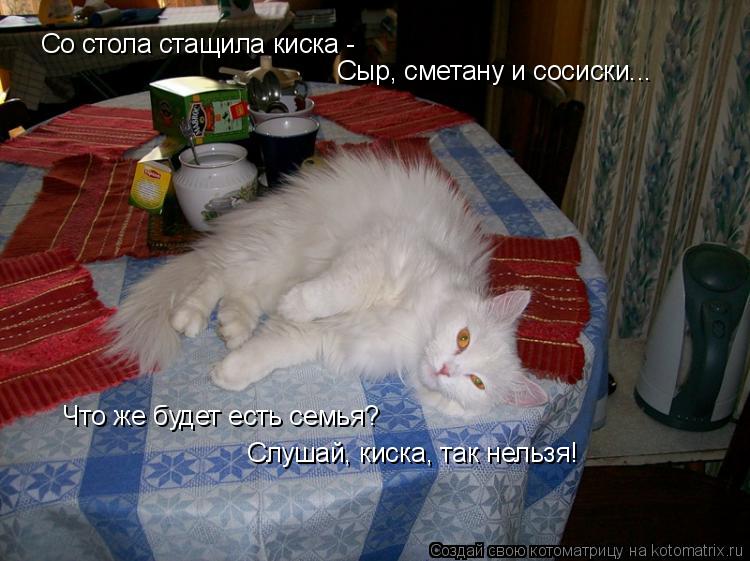 Со стола стащила киска - Сыр, сметану и сосиски... Что же будет есть семья? Слушай, киска, так нельз... Котоматрица: Со стола стащила киска - Сыр, сметану и сосиски... Что же будет есть семья? Слушай, киска, так нельзя!