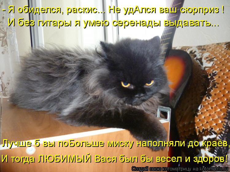 - Я обиделся, раскис... Не удАлся ваш сюрприз ! И без гитары я умею серенады выдавать... И тогда ЛЮБИ... Котоматрица: - Я обиделся, раскис... Не удАлся ваш сюрприз ! И без гитары я умею серенады выдавать... И тогда ЛЮБИМЫЙ Вася был бы весел и здоров! Лучше б вы по
