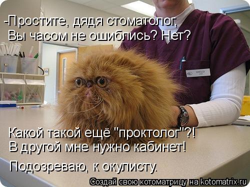 -Простите, дядя стоматолог, Вы часом не ошиблись? Нет? Какой такой ещё "проктолог"?! В другой мне нуж... Котоматрица: -Простите, дядя стоматолог, Вы часом не ошиблись? Нет? Какой такой ещё "проктолог"?! В другой мне нужно кабинет! Подозреваю, к окулисту…