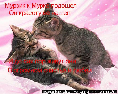Мурзик к Мурке подошел Он красоту её нашел И до сих пор живут они В огромном счастье и любви... Котоматрица: Мурзик к Мурке подошел Он красоту её нашел И до сих пор живут они В огромном счастье и любви