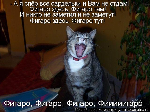 - А я спёр все сардельки и Вам не отдам! Фигаро здесь, Фигаро там! И никто не заметил и не заметут! Ф... Котоматрица: - А я спёр все сардельки и Вам не отдам! Фигаро здесь, Фигаро там! И никто не заметил и не заметут! Фигаро здесь, Фигаро тут! Фигаро, Фигаро, Фиг