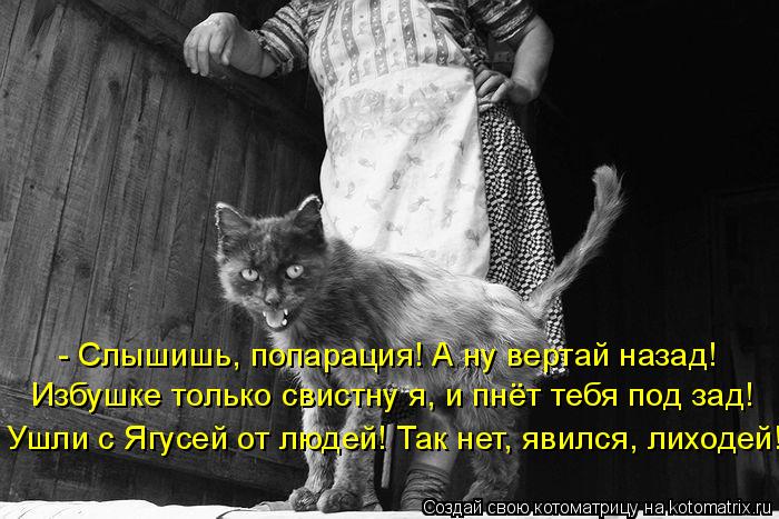- Слышишь, попарация! А ну вертай назад! Избушке только свистну я, и пнёт тебя под зад! Ушли с Ягусей... Котоматрица: - Слышишь, попарация! А ну вертай назад! Избушке только свистну я, и пнёт тебя под зад! Ушли с Ягусей от людей! Так нет, явился, лиходей!