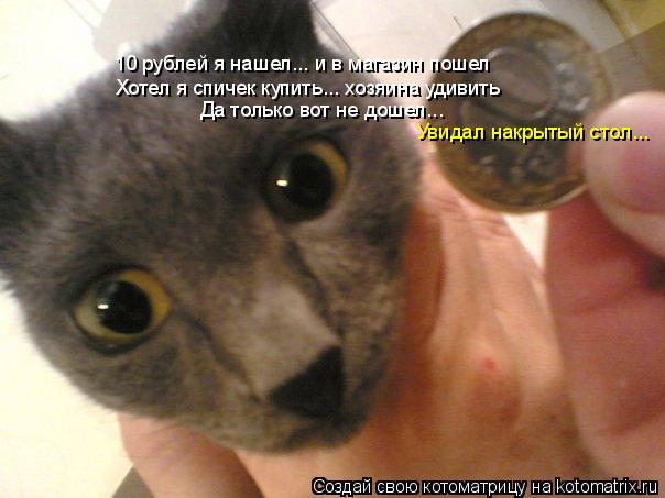 Хотел я спичек купить... хозяина удивить 10 рублей я нашел... и в магазин пошел Да только вот не доше... Котоматрица: Хотел я спичек купить... хозяина удивить 10 рублей я нашел... и в магазин пошел Да только вот не дошел... Увидал накрытый стол...