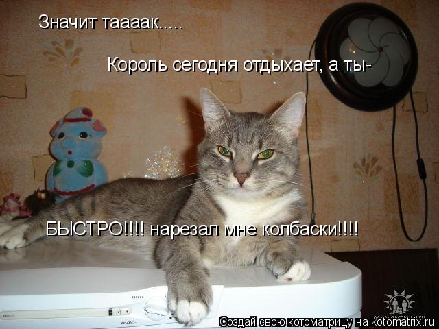 Значит таааак..... Король сегодня отдыхает, а ты- БЫСТРО!!!! нарезал мне колбаски!!!!... Котоматрица: Значит таааак..... Король сегодня отдыхает, а ты- БЫСТРО!!!! нарезал мне колбаски!!!!