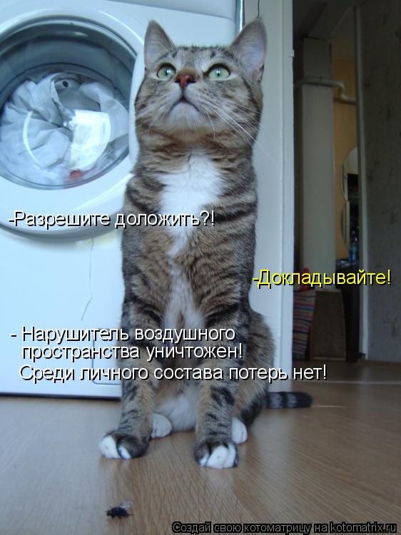 -Разрешите доложить?! -Докладывайте! - Нарушитель воздушного пространства уничтожен! Среди личного со... Котоматрица: -Разрешите доложить?! -Докладывайте! - Нарушитель воздушного пространства уничтожен! Среди личного состава потерь нет!